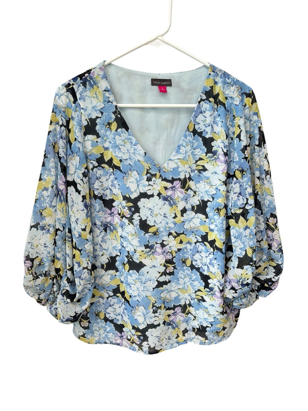 VINCE CAMUTO Floral Top Women’s Small Blue Yellow Balloon Sleeve Fairycore